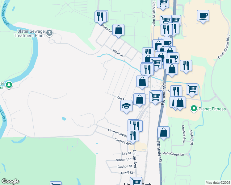 map of restaurants, bars, coffee shops, grocery stores, and more near 97 Van Keuren Highway in Kingston