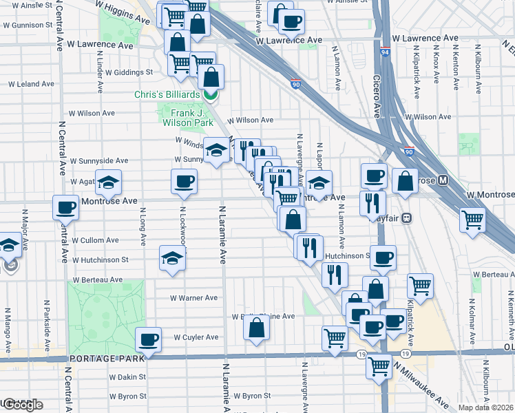map of restaurants, bars, coffee shops, grocery stores, and more near 4413 North Milwaukee Avenue in Chicago