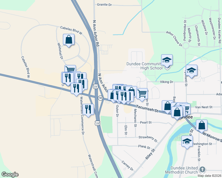 map of restaurants, bars, coffee shops, grocery stores, and more near Ann Arbor Road in Dundee