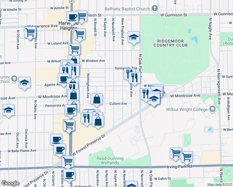 map of restaurants, bars, coffee shops, grocery stores, and more near 6921 West Montrose Avenue in Chicago
