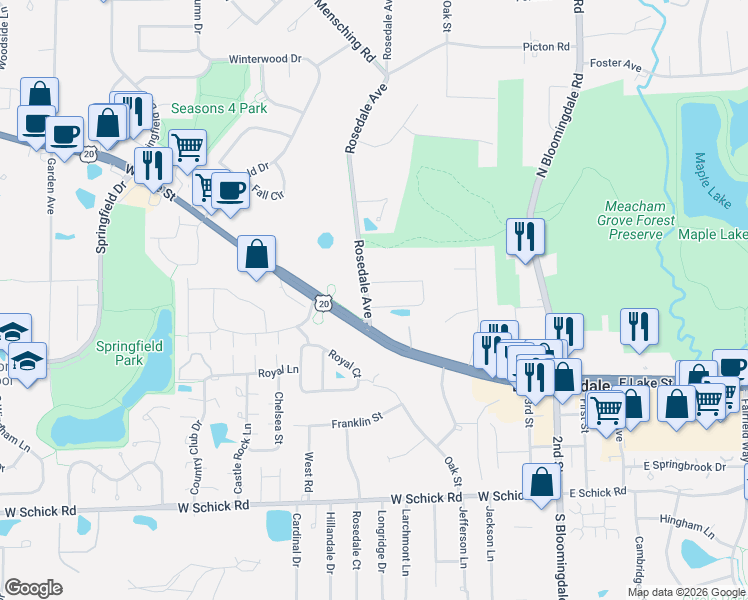 map of restaurants, bars, coffee shops, grocery stores, and more near 153 Rose Drive in Bloomingdale