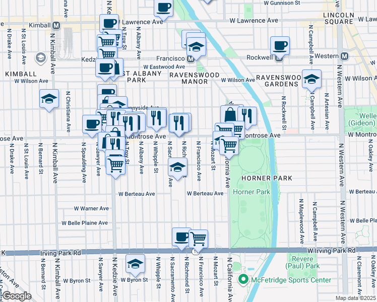 map of restaurants, bars, coffee shops, grocery stores, and more near 2925 West Montrose Avenue in Chicago
