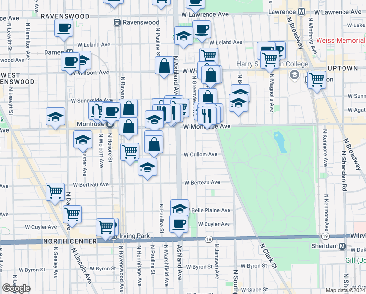map of restaurants, bars, coffee shops, grocery stores, and more near 4341 North Ashland Avenue in Chicago
