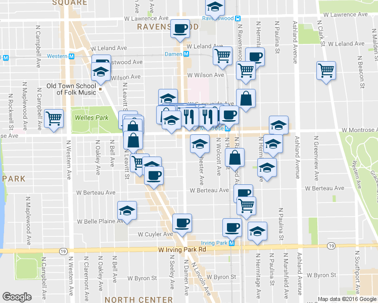 map of restaurants, bars, coffee shops, grocery stores, and more near in Chicago