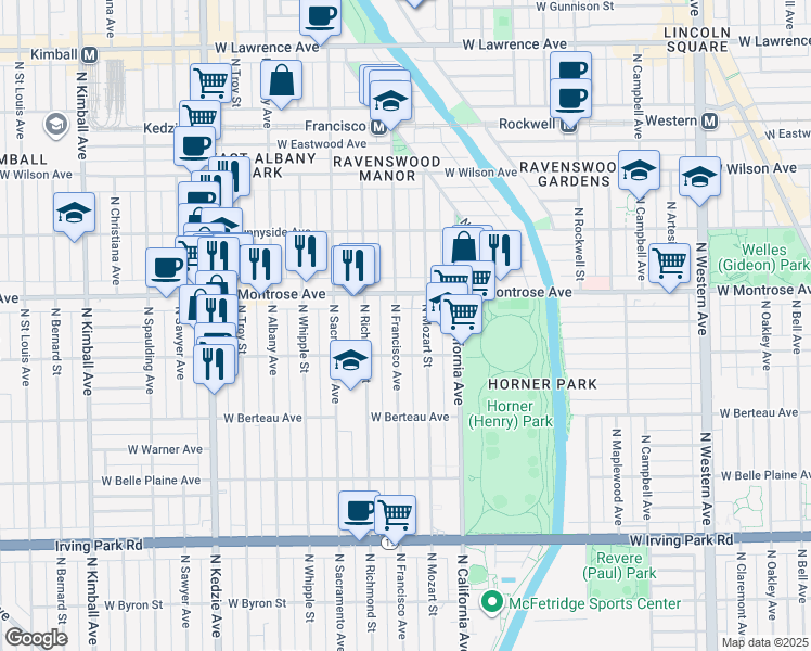 map of restaurants, bars, coffee shops, grocery stores, and more near 2853 West Montrose Avenue in Chicago