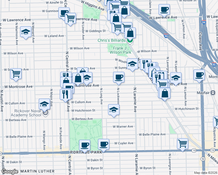 map of restaurants, bars, coffee shops, grocery stores, and more near 5311 West Agatite Avenue in Chicago