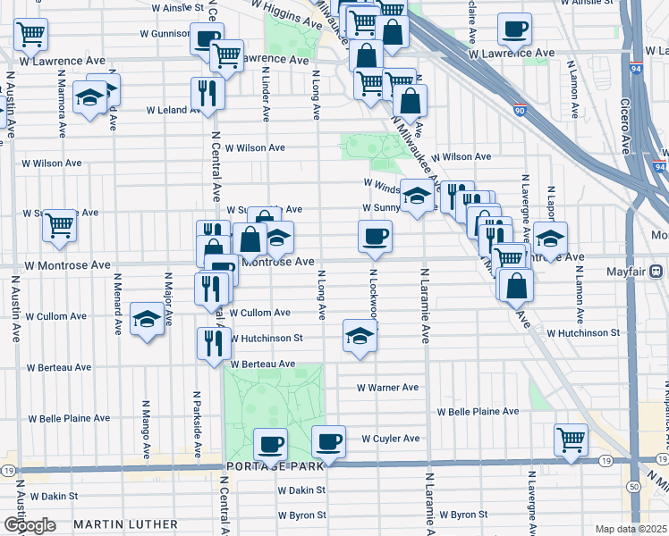 map of restaurants, bars, coffee shops, grocery stores, and more near 5355 West Agatite Avenue in Chicago