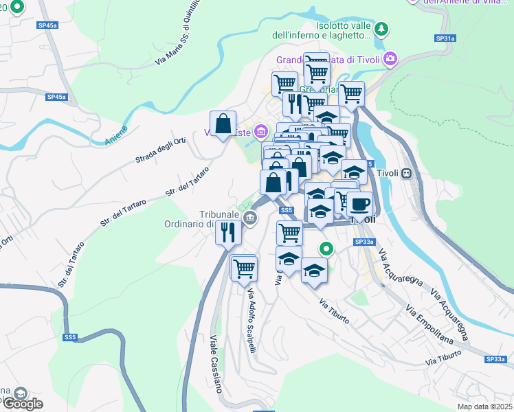 map of restaurants, bars, coffee shops, grocery stores, and more near Via Nazionale Tiburtina in Tivoli