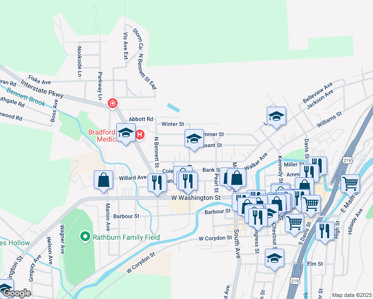 map of restaurants, bars, coffee shops, grocery stores, and more near 131-145 N Center St in Bradford