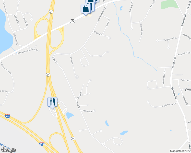 map of restaurants, bars, coffee shops, grocery stores, and more near 45 White Pines Road in Bridgewater