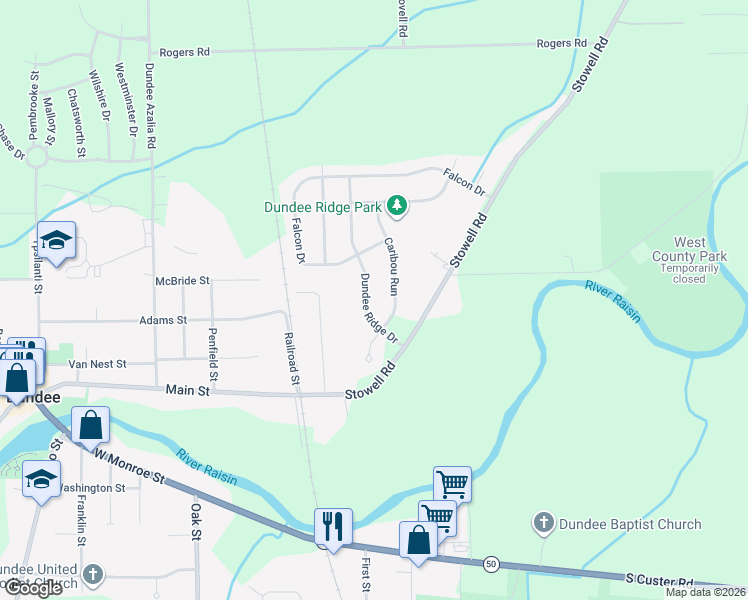 map of restaurants, bars, coffee shops, grocery stores, and more near 251 Caribou Run in Dundee