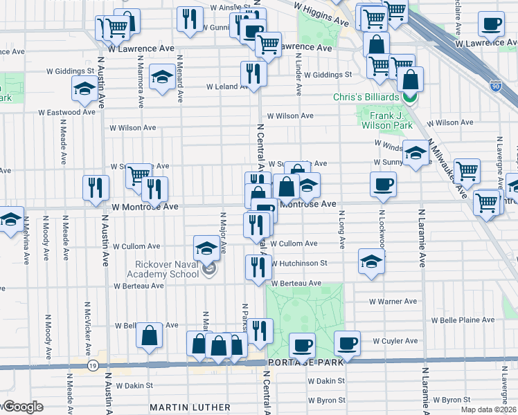 map of restaurants, bars, coffee shops, grocery stores, and more near 4356 North Central Avenue in Chicago