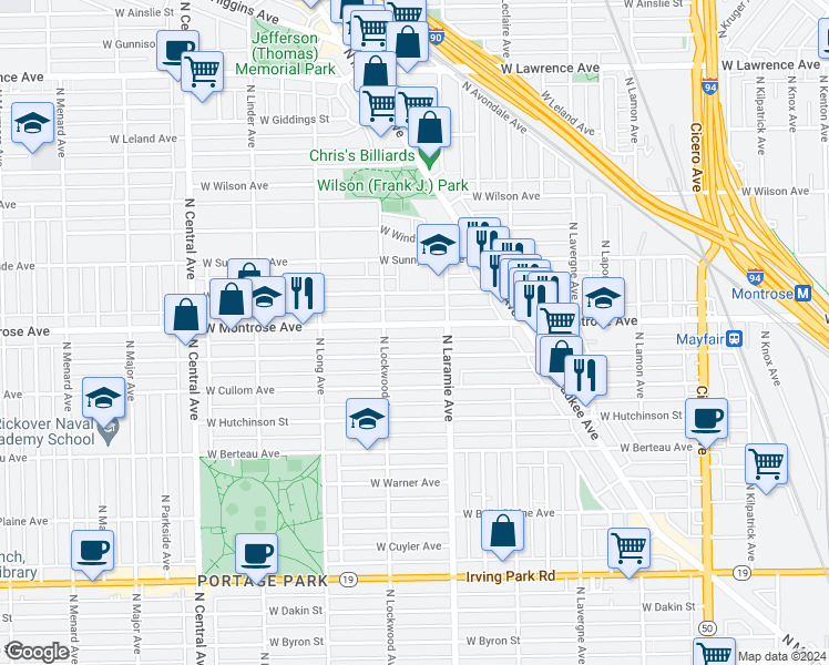 map of restaurants, bars, coffee shops, grocery stores, and more near 5233 West Montrose Avenue in Chicago