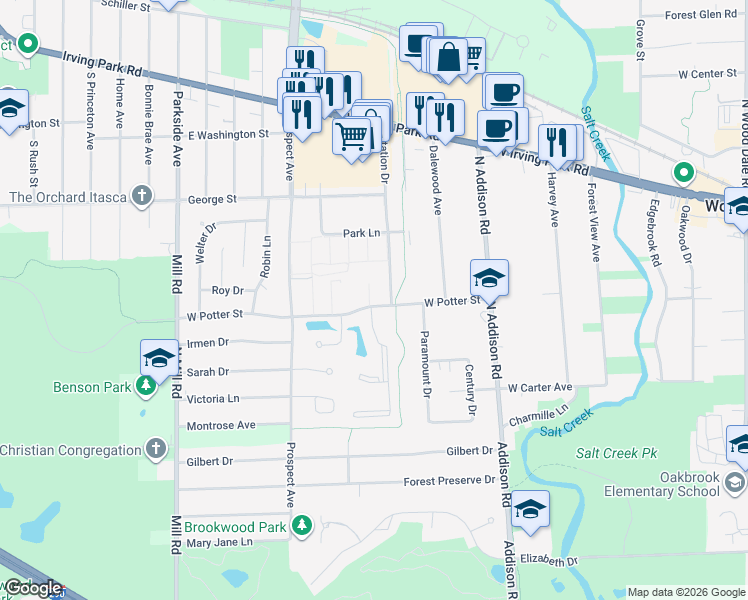map of restaurants, bars, coffee shops, grocery stores, and more near 441 Congress Court in Wood Dale