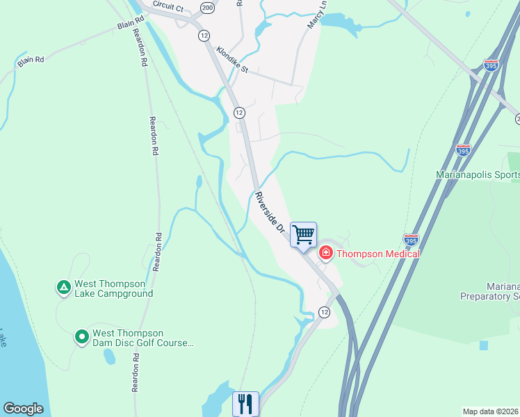 map of restaurants, bars, coffee shops, grocery stores, and more near 472 Riverside Drive in Thompson