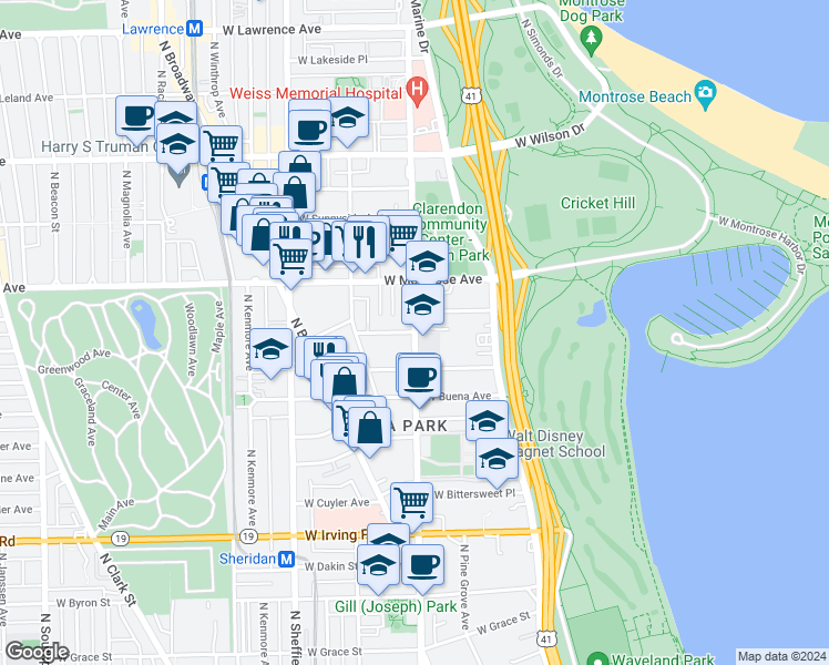 map of restaurants, bars, coffee shops, grocery stores, and more near N Clarendon Ave & W Jr Terrace in Chicago