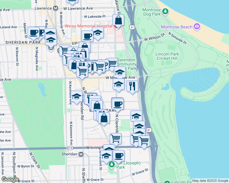 map of restaurants, bars, coffee shops, grocery stores, and more near 806 West Junior Terrace in Chicago