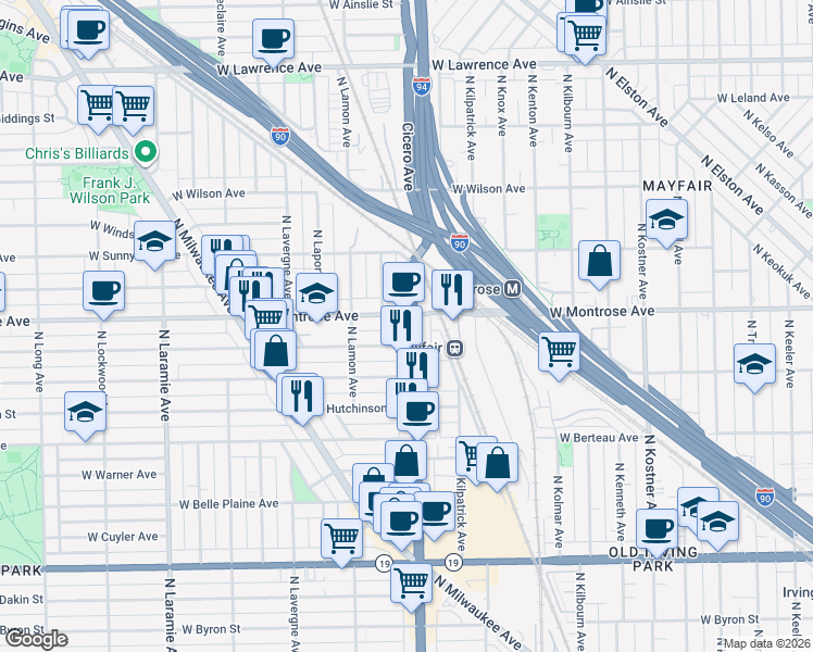 map of restaurants, bars, coffee shops, grocery stores, and more near 4350 North Cicero Avenue in Chicago