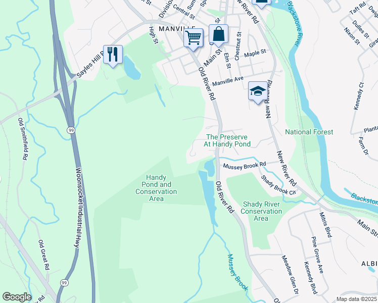 map of restaurants, bars, coffee shops, grocery stores, and more near 1 Umbrella Way in Manville