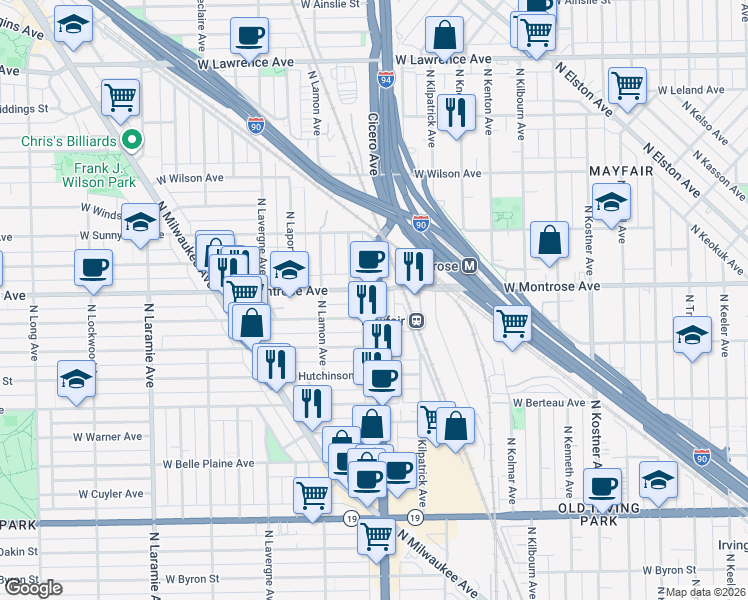 map of restaurants, bars, coffee shops, grocery stores, and more near 4350 North Cicero Avenue in Chicago