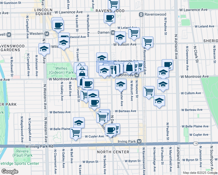 map of restaurants, bars, coffee shops, grocery stores, and more near 4346 North Damen Avenue in Chicago