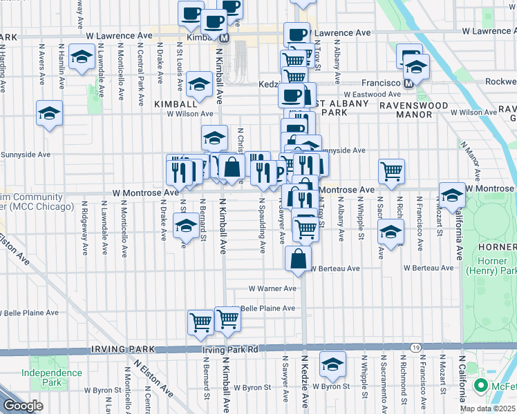 map of restaurants, bars, coffee shops, grocery stores, and more near 3301 West Montrose Avenue in Chicago