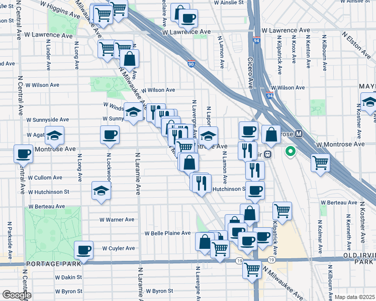 map of restaurants, bars, coffee shops, grocery stores, and more near 5010 West Montrose Avenue in Chicago