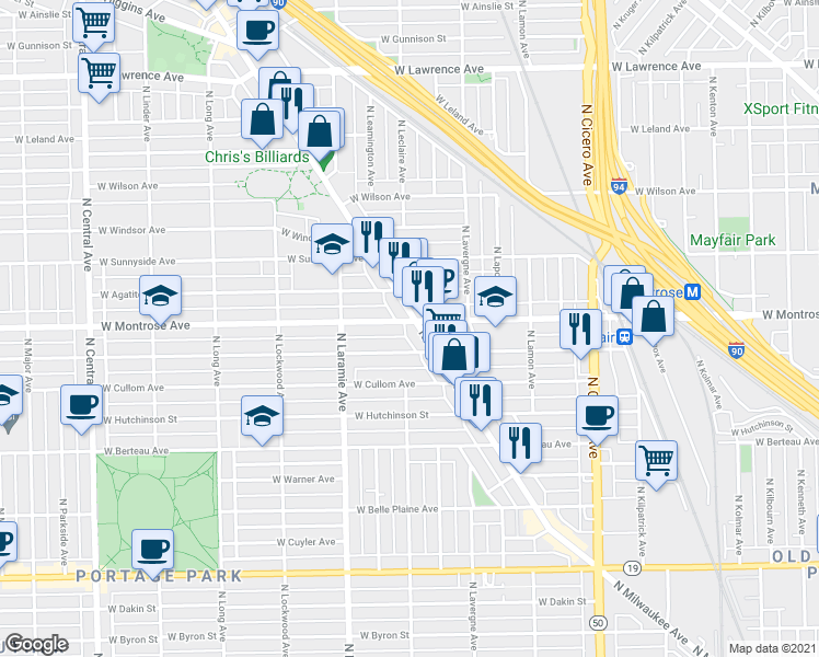 map of restaurants, bars, coffee shops, grocery stores, and more near 4413 North Milwaukee Avenue in Chicago
