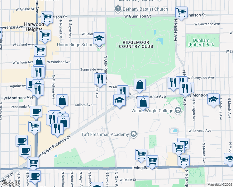 map of restaurants, bars, coffee shops, grocery stores, and more near 6725 West Montrose Avenue in Chicago