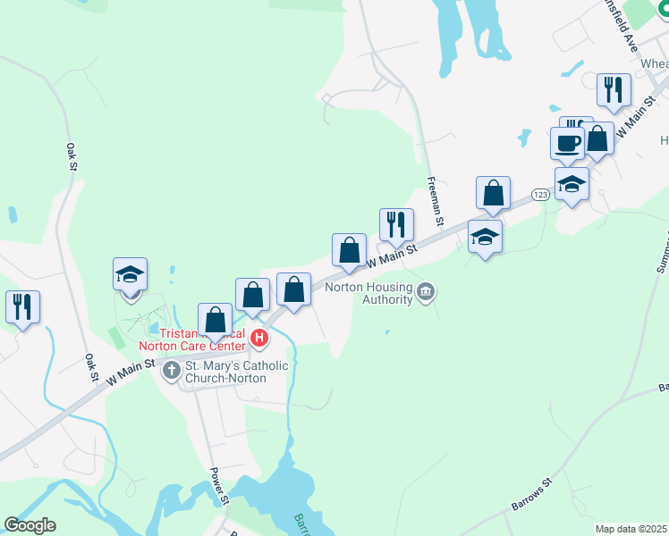 map of restaurants, bars, coffee shops, grocery stores, and more near 145R West Main Street in Norton