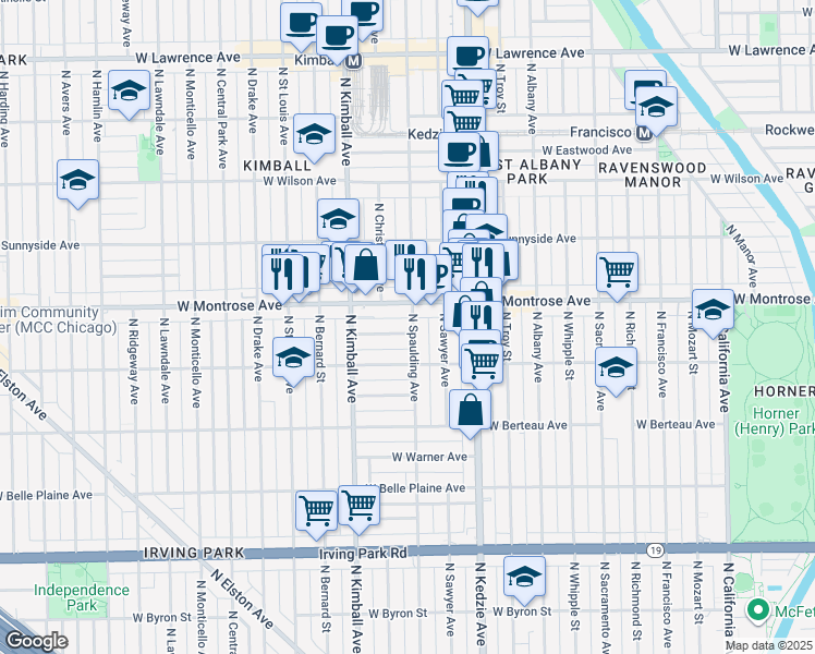 map of restaurants, bars, coffee shops, grocery stores, and more near 3301 West Montrose Avenue in Chicago