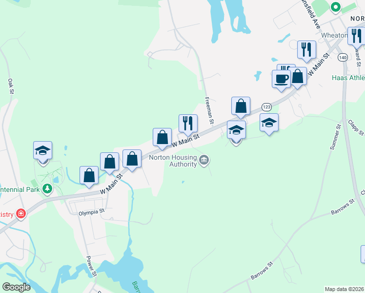 map of restaurants, bars, coffee shops, grocery stores, and more near 108 West Main Street in Norton