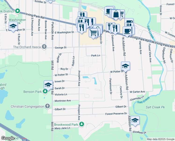 map of restaurants, bars, coffee shops, grocery stores, and more near 504 Washington Square in Wood Dale