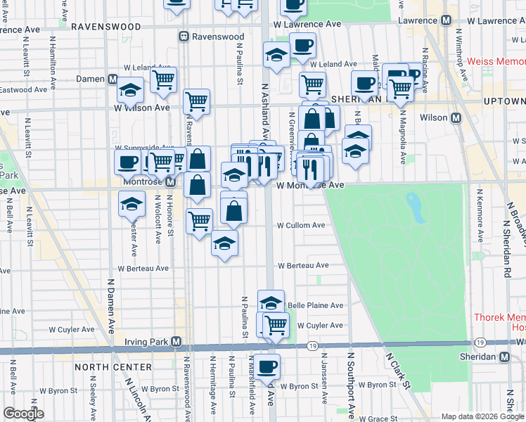 map of restaurants, bars, coffee shops, grocery stores, and more near 4341 North Ashland Avenue in Chicago