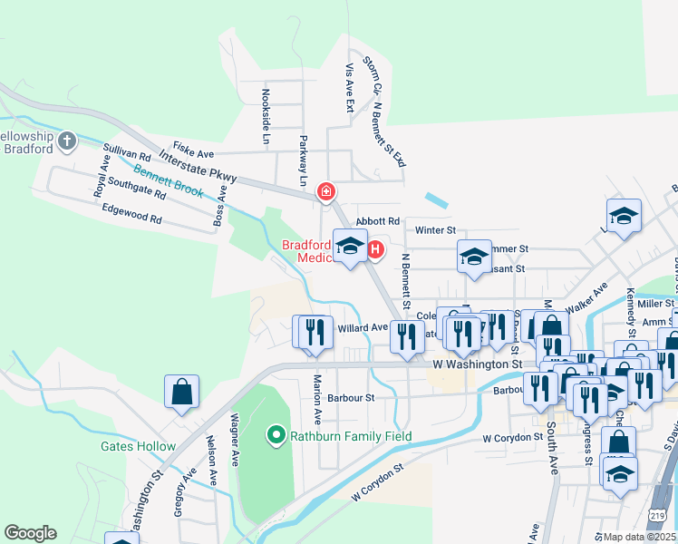 map of restaurants, bars, coffee shops, grocery stores, and more near 81 Interstate Parkway in Bradford