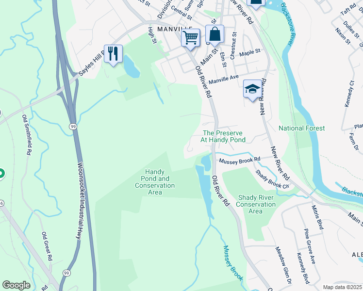 map of restaurants, bars, coffee shops, grocery stores, and more near 1 Umbrella Way in Manville