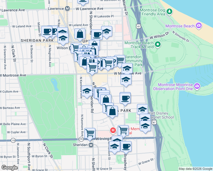 map of restaurants, bars, coffee shops, grocery stores, and more near 4278 North Hazel Street in Chicago