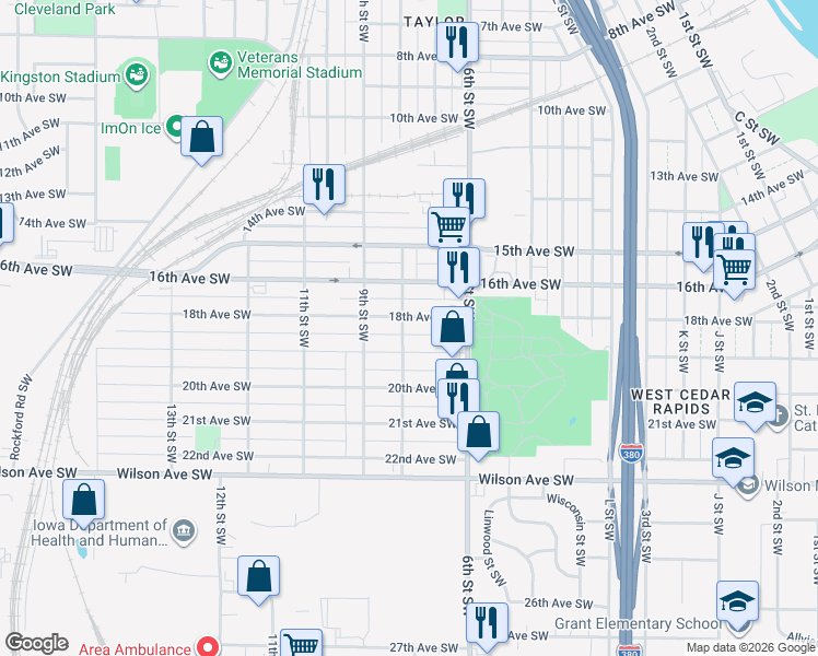 map of restaurants, bars, coffee shops, grocery stores, and more near 802 18th Avenue Southwest in Cedar Rapids