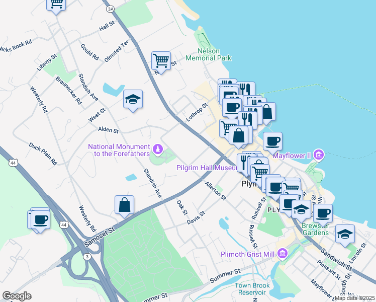 map of restaurants, bars, coffee shops, grocery stores, and more near 134 Court Street in Plymouth