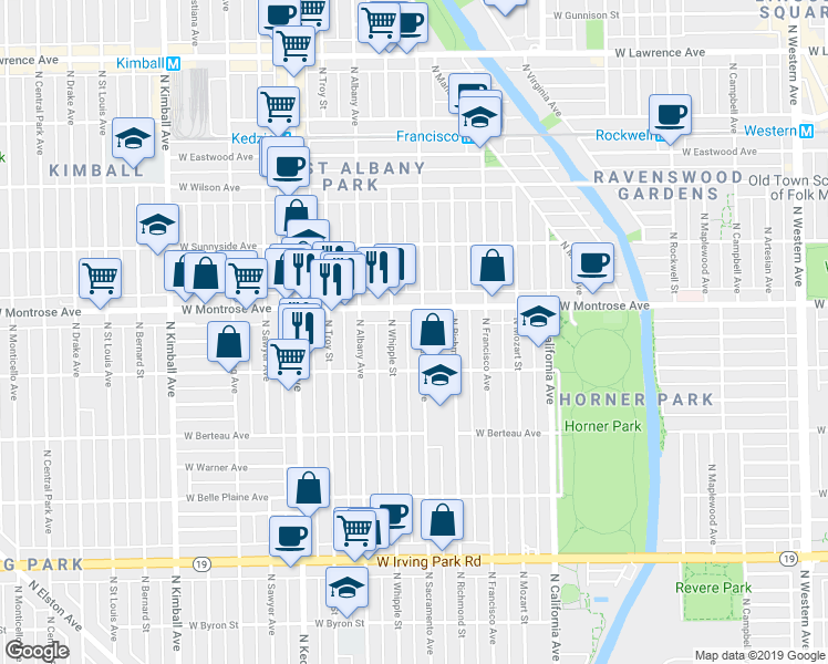 map of restaurants, bars, coffee shops, grocery stores, and more near 4352 North Sacramento Avenue in Chicago