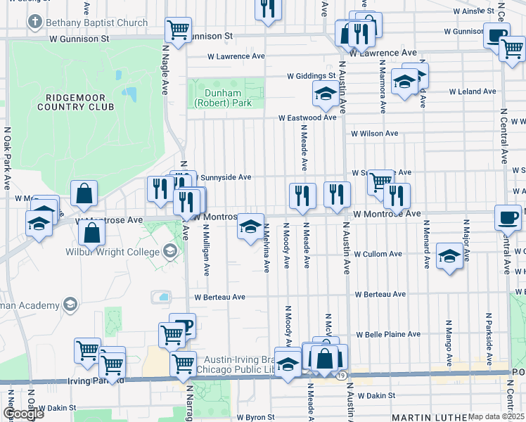 map of restaurants, bars, coffee shops, grocery stores, and more near 4419 North Melvina Avenue in Chicago