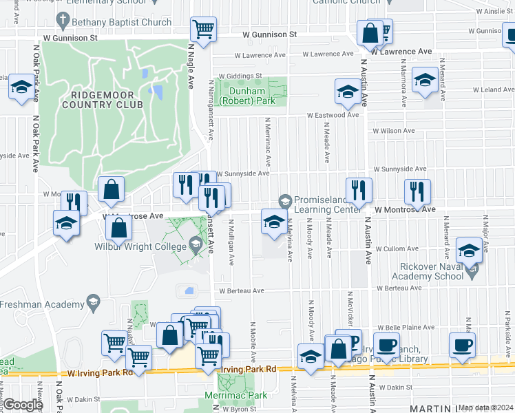 map of restaurants, bars, coffee shops, grocery stores, and more near 4422 North Mobile Avenue in Chicago
