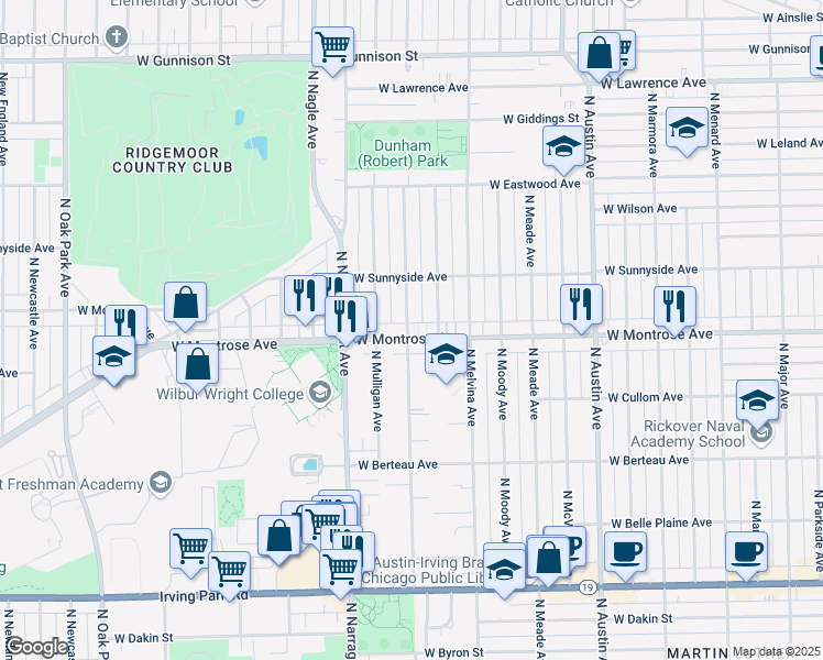 map of restaurants, bars, coffee shops, grocery stores, and more near 4422 North Mobile Avenue in Chicago