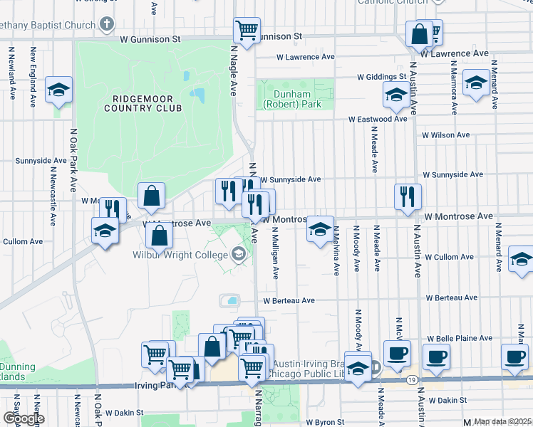 map of restaurants, bars, coffee shops, grocery stores, and more near 4424 North Mulligan Avenue in Chicago