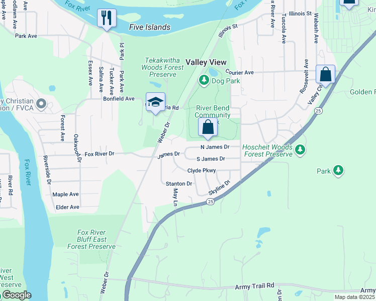map of restaurants, bars, coffee shops, grocery stores, and more near 34W948 North James Drive in St. Charles