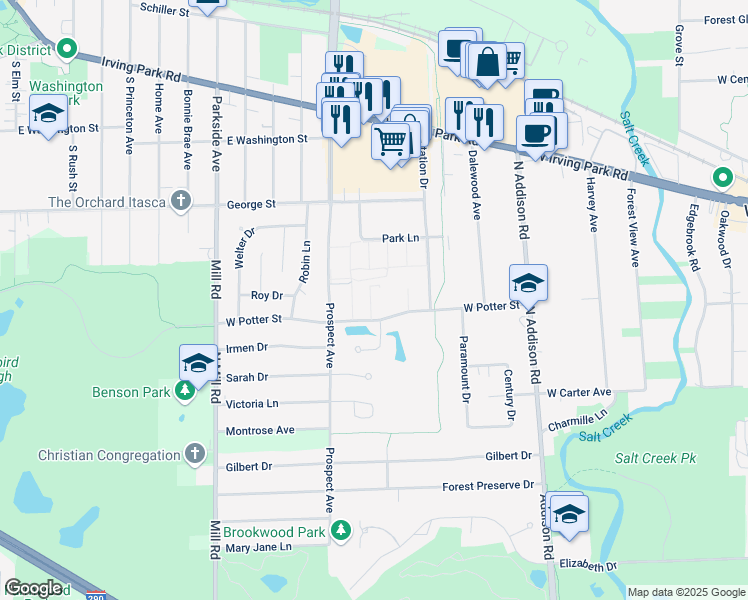map of restaurants, bars, coffee shops, grocery stores, and more near 221 Frederick Place in Wood Dale