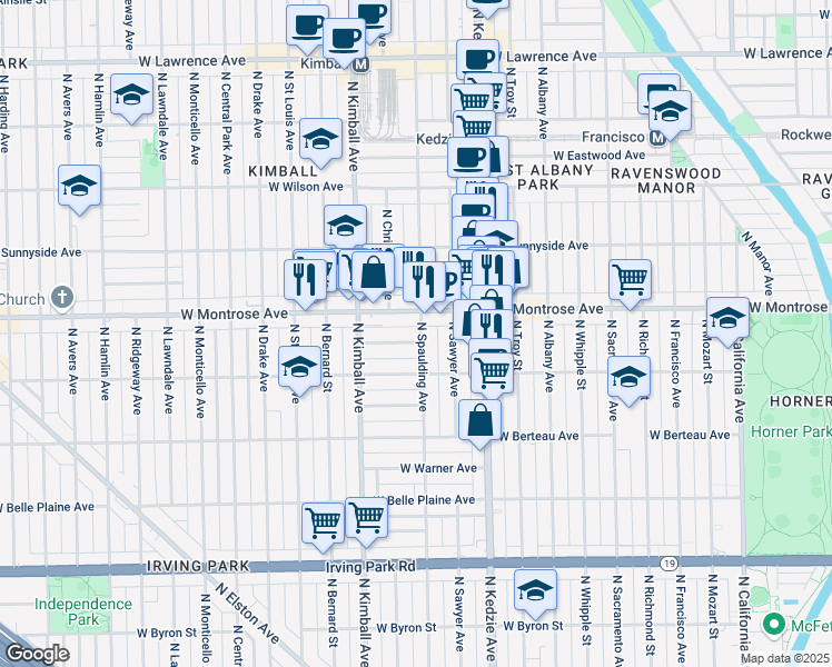 map of restaurants, bars, coffee shops, grocery stores, and more near 3301 West Montrose Avenue in Chicago