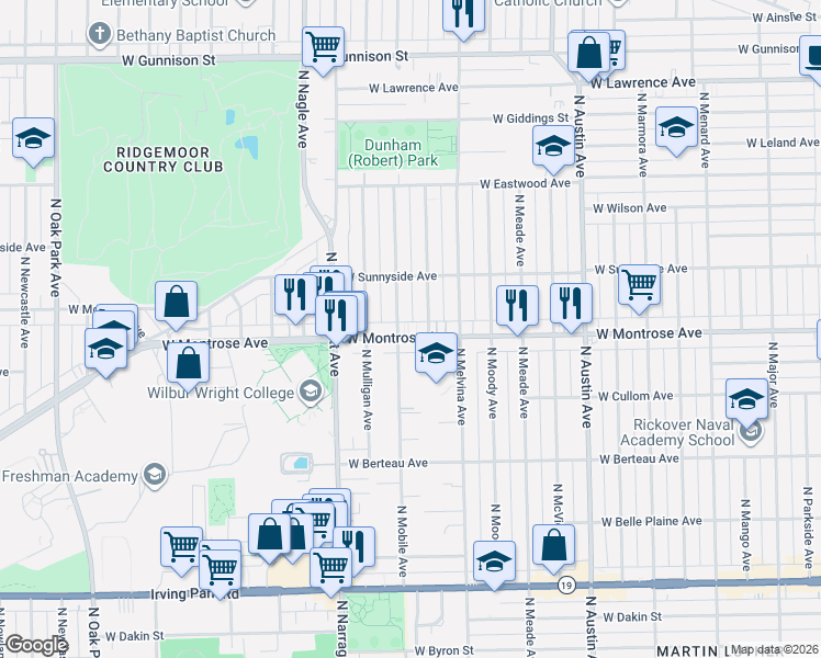 map of restaurants, bars, coffee shops, grocery stores, and more near 4422 North Mobile Avenue in Chicago