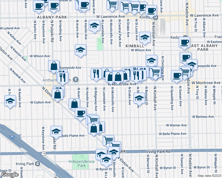 map of restaurants, bars, coffee shops, grocery stores, and more near 4344 North Monticello Avenue in Chicago
