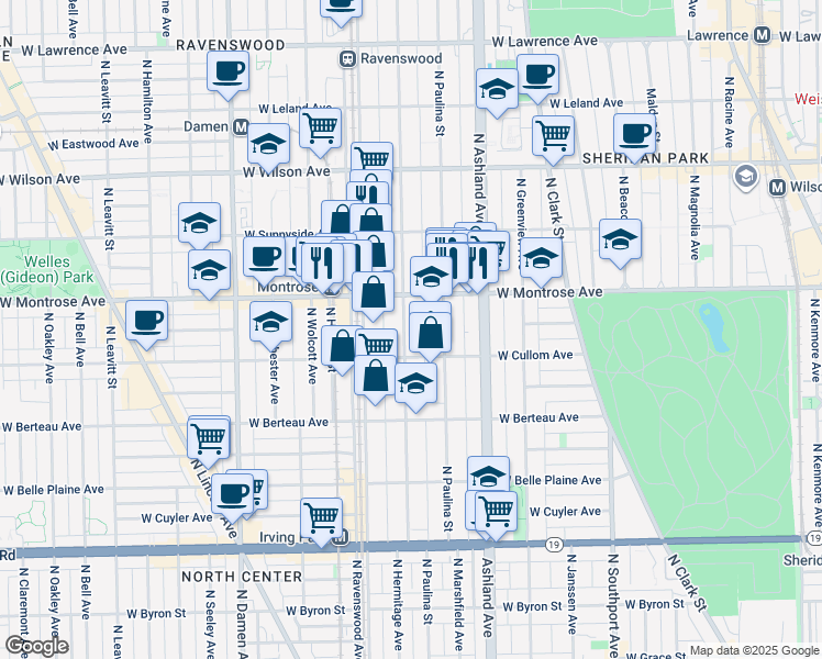 map of restaurants, bars, coffee shops, grocery stores, and more near 4325 North Hermitage Avenue in Chicago